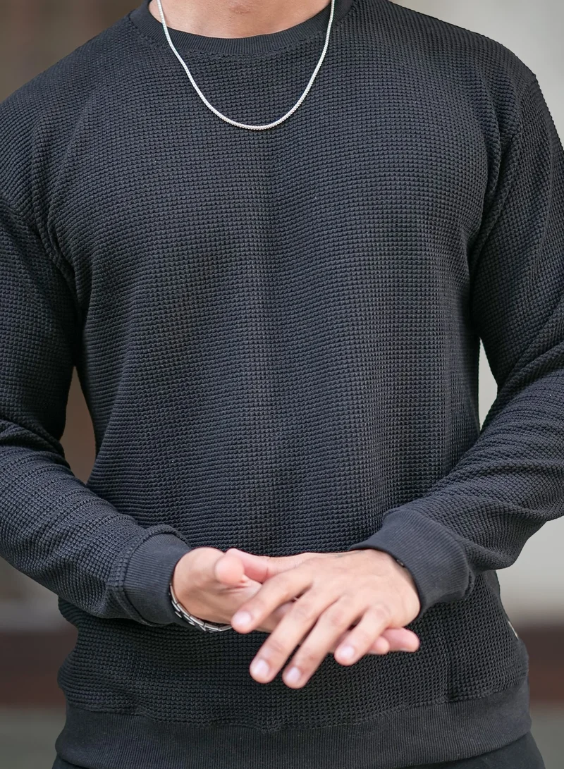 Maniac  Maniac Mens Solid Textured Round Neck Full Sleeve Black Cotton Sweatshirt for Men | Best Price UAE