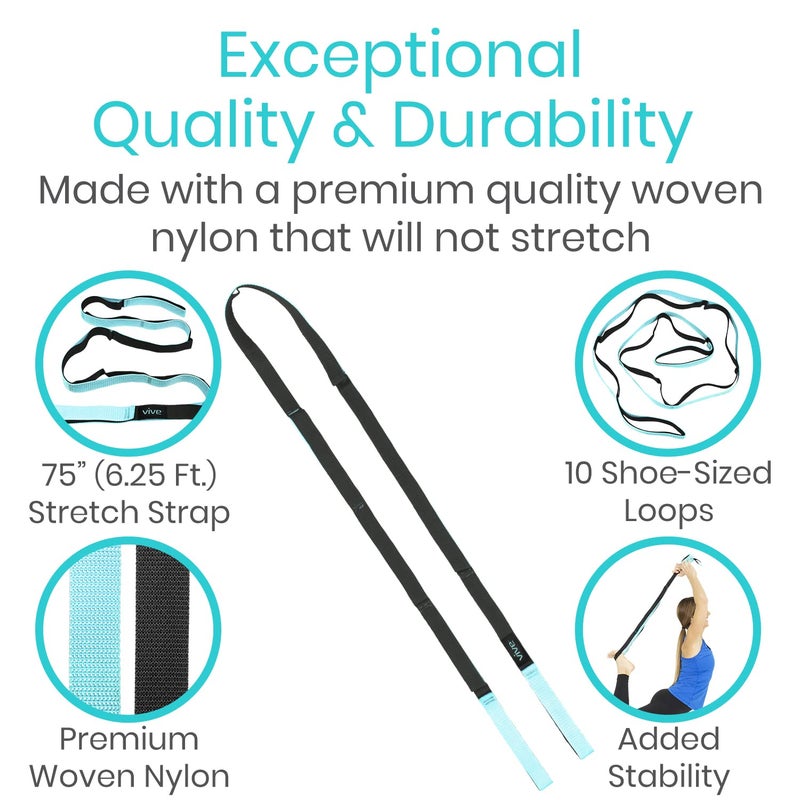 Vive Stretch Strap (75" - 10 Loops) - Leg Stretch Band to Improve Flexibility - Stretching Out Yoga Strap -Exercise and Physical Therapy Belt for Rehab, Pilates and Gymnastics with Guide Book - Image 4