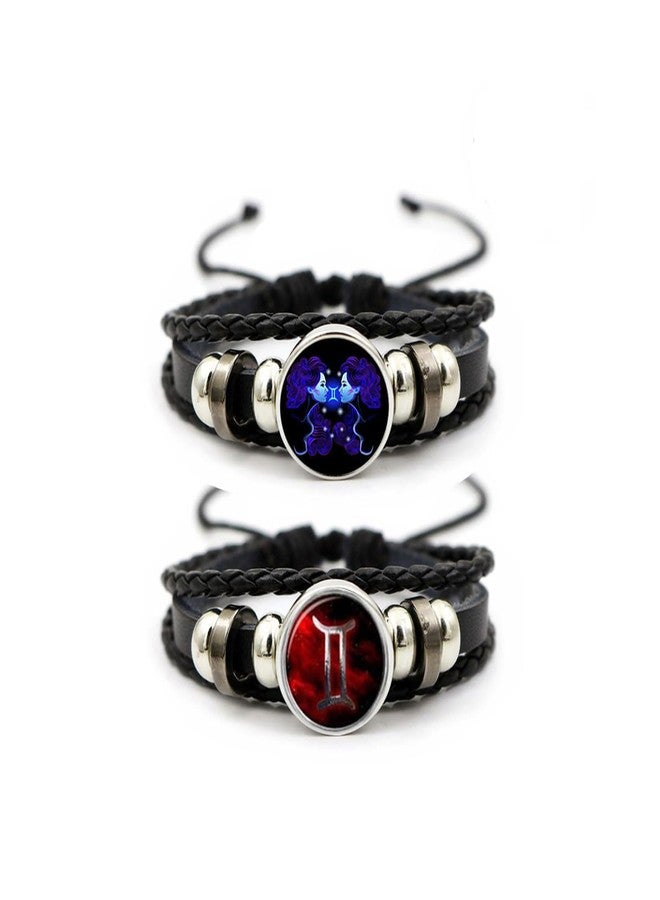 Aktully 2Pcs Multilayer Constellation Zodiac Leather Bracelet Vintage Black Leather Bracelet Adjustable Handmade Woven Bracelet Birthday Jewelry Gift for Women Men (Gemini) - Image 1