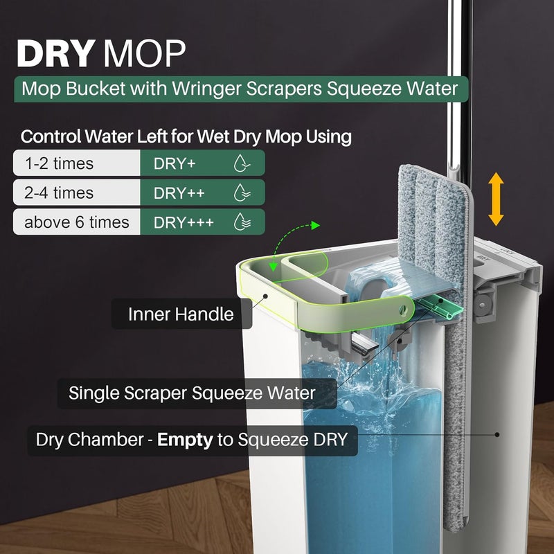 JOYMOOP Mop and Bucket with Wringer Set, White Flat Squeeze Mop Bucket Set for Floor Cleaning, Wet Dry Mops for Walls, Wall Cleaner with Long Handle, Hardwood Floor Mop-5 Microfiber Cloths - Image 3