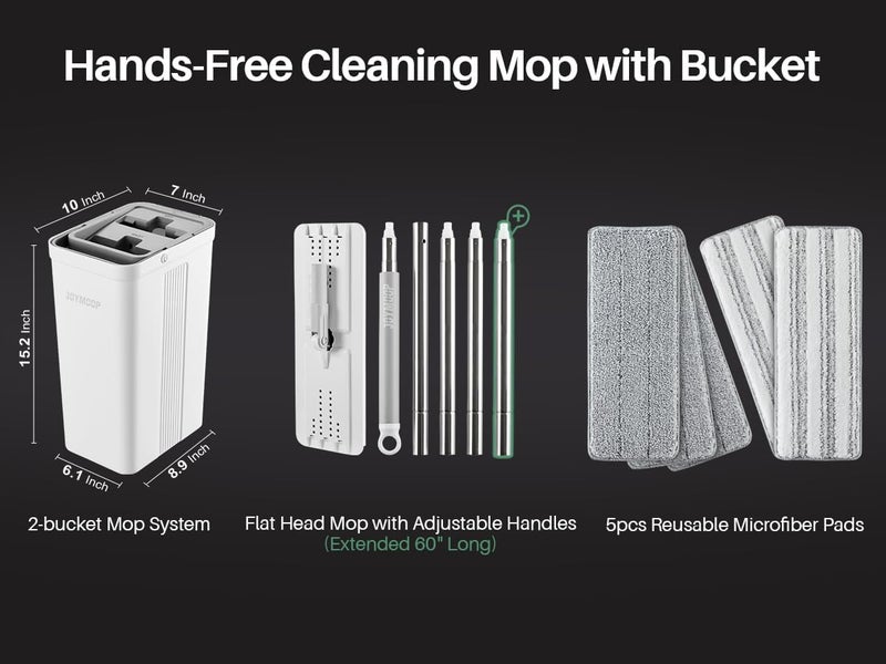 JOYMOOP Mop and Bucket with Wringer Set, White Flat Squeeze Mop Bucket Set for Floor Cleaning, Wet Dry Mops for Walls, Wall Cleaner with Long Handle, Hardwood Floor Mop-5 Microfiber Cloths - Image 4