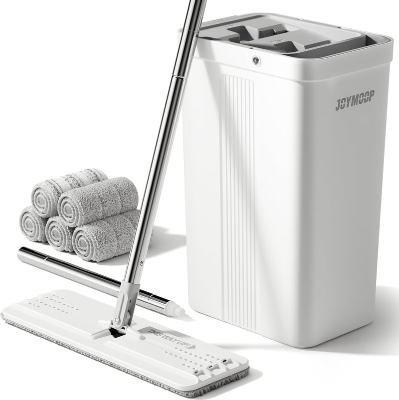 JOYMOOP Mop and Bucket with Wringer Set, White Flat Squeeze Mop Bucket Set for Floor Cleaning, Wet Dry Mops for Walls, Wall Cleaner with Long Handle, Hardwood Floor Mop-5 Microfiber Cloths - Image 1