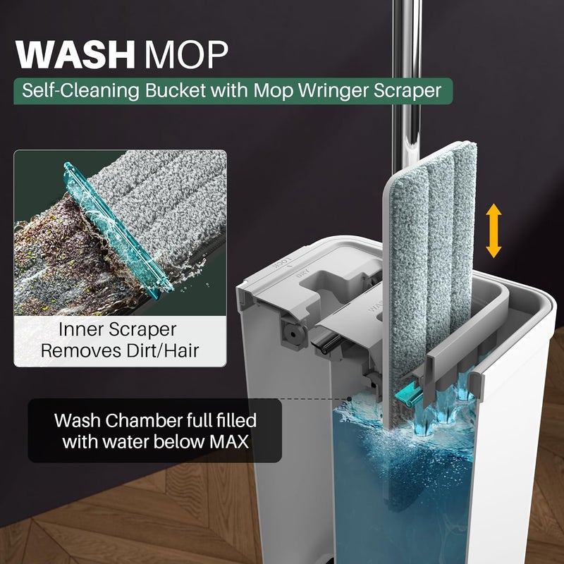JOYMOOP Mop and Bucket with Wringer Set, White Flat Squeeze Mop Bucket Set for Floor Cleaning, Wet Dry Mops for Walls, Wall Cleaner with Long Handle, Hardwood Floor Mop-5 Microfiber Cloths - Image 2