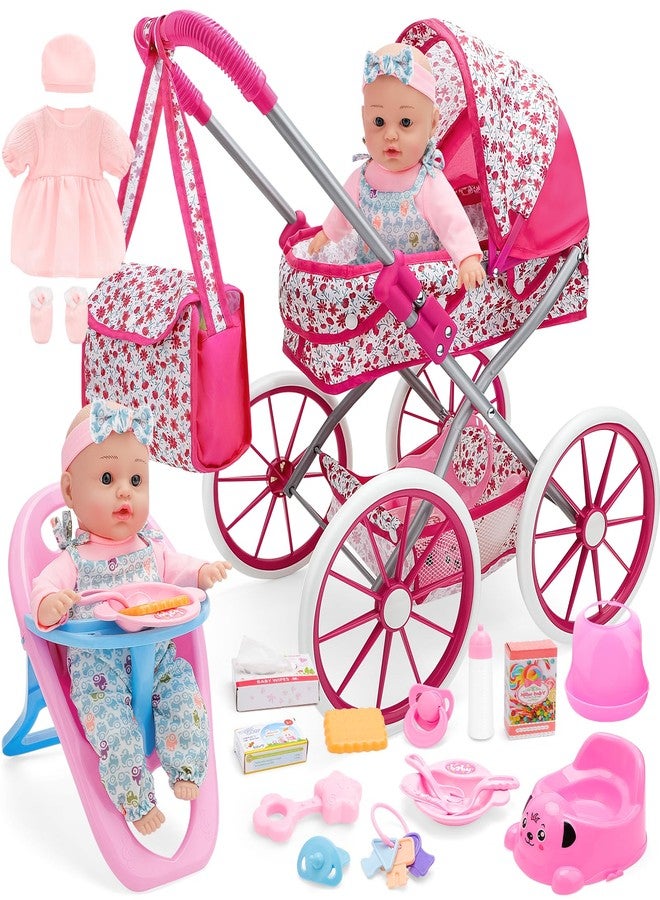 deAO Baby Doll Stroller Set Baby Doll Accessories Playset Pretend Play Toys with 12" Baby Doll,Foldable Stroller,2 Sets Doll Clothes High Chair Christmas Birthday Gift for Toddler Girls 3-7 - Image 1