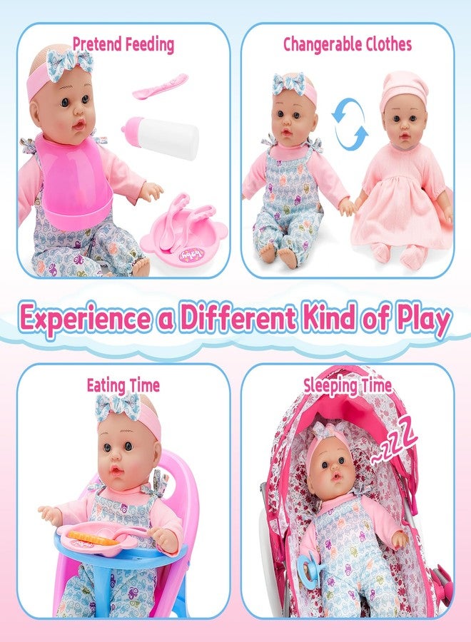 deAO Baby Doll Stroller Set Baby Doll Accessories Playset Pretend Play Toys with 12" Baby Doll,Foldable Stroller,2 Sets Doll Clothes High Chair Christmas Birthday Gift for Toddler Girls 3-7 - Image 4