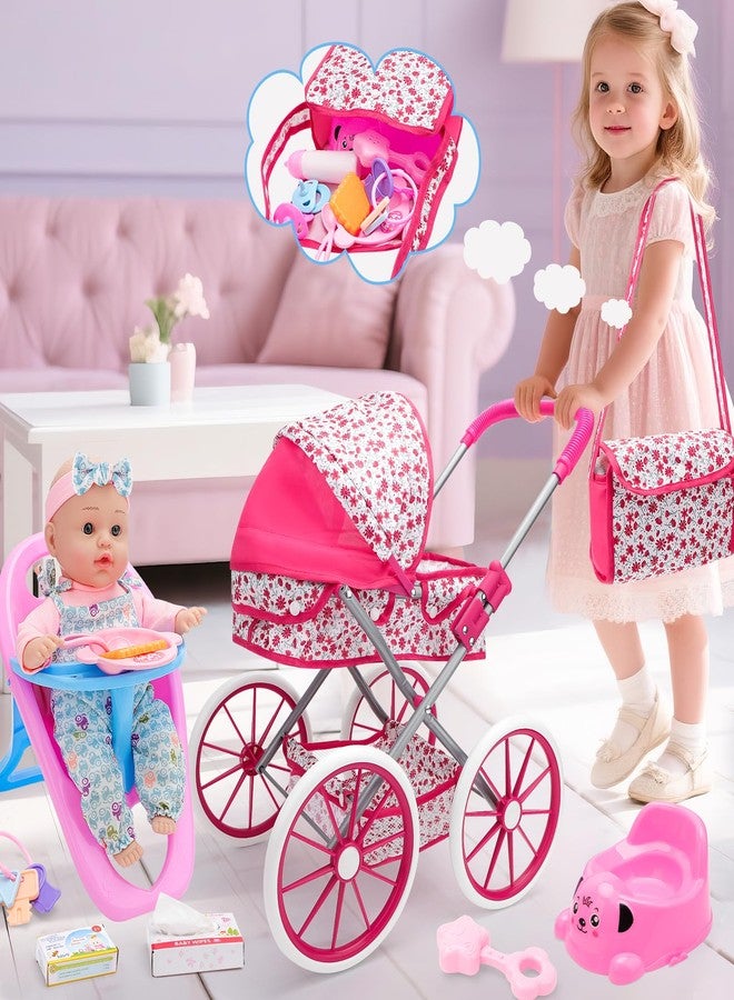 deAO Baby Doll Stroller Set Baby Doll Accessories Playset Pretend Play Toys with 12" Baby Doll,Foldable Stroller,2 Sets Doll Clothes High Chair Christmas Birthday Gift for Toddler Girls 3-7 - Image 5