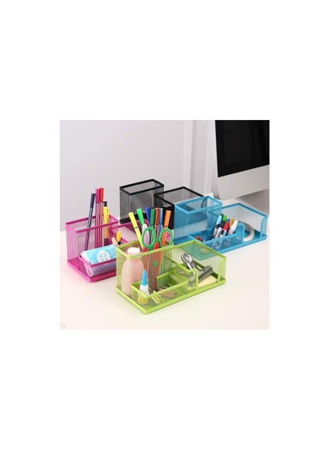 منظم حامل أقلام شبكي معدني للمكتب، سلة تخزين سطح المكتب مكونة من 3 أقسام للمكتب، لوازم العودة إلى المدرسة للأطفال (أخضر) - Image 5