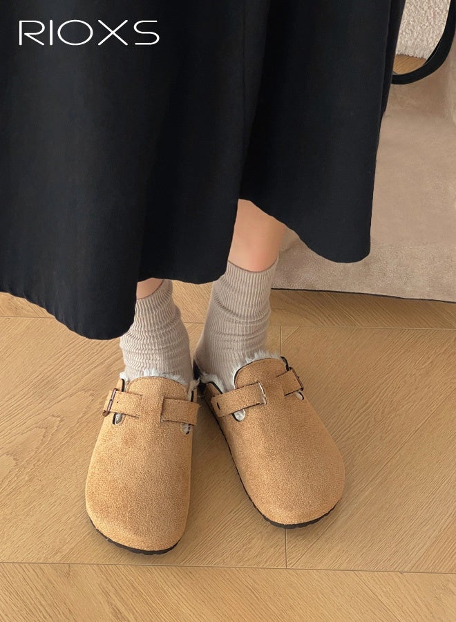 RIOXS Women's Fur Lined Suede Clogs, Slip On Lightweight Fuzzy Cork Footbed Mules for Ladies, Winter Warm Mules with Adjustable Buckle, Suitable for Dardening, Walking the Dog, Running Errands, or Relaxing at Home, Khaki - Image 4