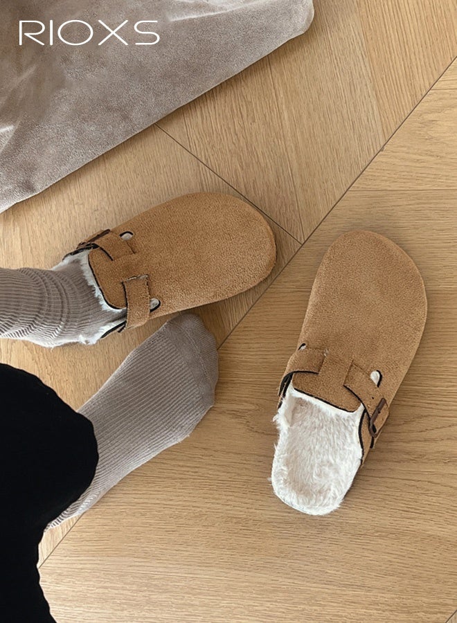 RIOXS Women's Fur Lined Suede Clogs, Slip On Lightweight Fuzzy Cork Footbed Mules for Ladies, Winter Warm Mules with Adjustable Buckle, Suitable for Dardening, Walking the Dog, Running Errands, or Relaxing at Home, Khaki - Image 3