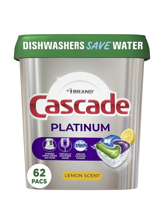 Cascade Platinum Dishwasher Pods, Dishwasher Detergent Pod, Dishwasher Soap Pod, Actionpacs Dish Washing Pod, Lemon, 62 Count Dishwasher Detergent Pods (Packaging may vary) - Image 1