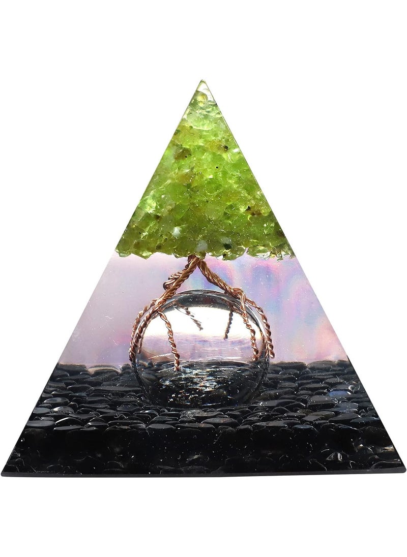 SUNYIK SUNYIK Peridot Tree of Life Pyramid with Glass Sphere, Obsidian Chips Tumbled Stone Orgone Pyramid Energy Generator for Chakra Reiki Meditation 