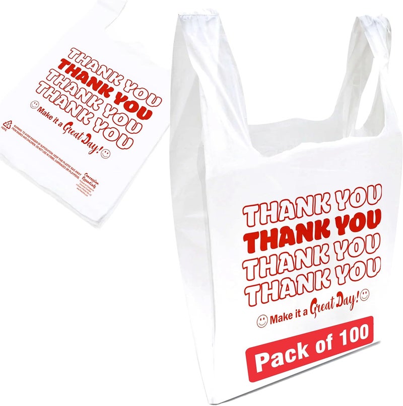 Concession Essentials Disposable & Reusable Thank You T-Shirt Bags- Pack of 100 - Image 1