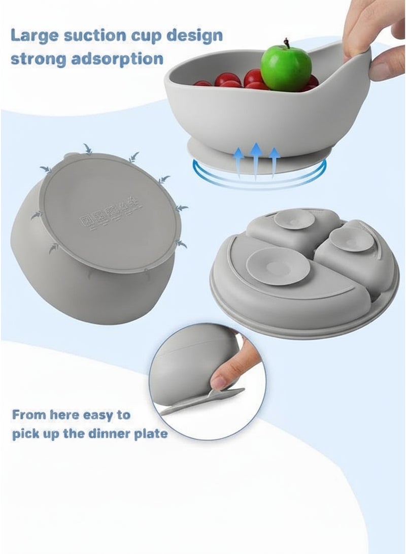 Sharpdo Silicone Baby Tableware Set, 6 Piece Baby Feeding Set with Suction Bowl and Divided Plate, Sippy Cup, Wooden Spoon and Fork, Toddler  Led Weaning Supplies with Adjustable Soft Silicone Bib - Image 4