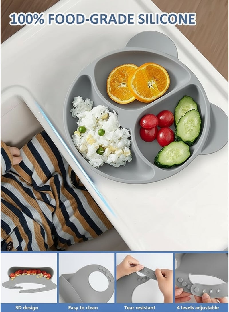 Sharpdo Silicone Baby Tableware Set, 6 Piece Baby Feeding Set with Suction Bowl and Divided Plate, Sippy Cup, Wooden Spoon and Fork, Toddler  Led Weaning Supplies with Adjustable Soft Silicone Bib - Image 2