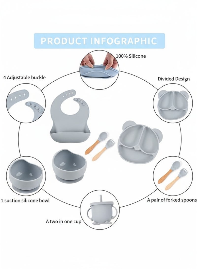 Sharpdo Silicone Baby Tableware Set, 6 Piece Baby Feeding Set with Suction Bowl and Divided Plate, Sippy Cup, Wooden Spoon and Fork, Toddler  Led Weaning Supplies with Adjustable Soft Silicone Bib - Image 3