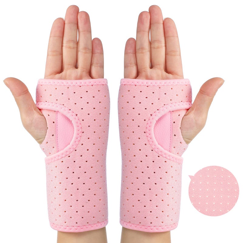 2 Pieces Carpal Tunnel Wrist Brace for Night Wrist Sleep Supports Splints Stabilizer and Hand Brace Cushioned to Help with Carpal Tunnel Pain Relief Universal Adjustable FitBreathable StylePink
