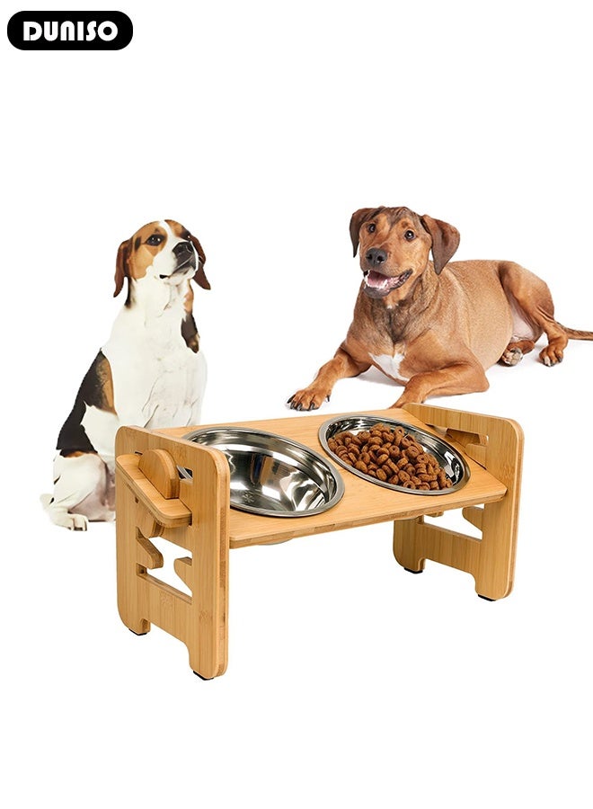 DUNISO أوعية طعام مرتفعة للكلاب، حامل أوعية طعام مرتفع قابل للتعديل للجرو الصغير والقطط، مغذي طعام متين من الخيزران مع 2 طبق من الفولاذ المقاوم للصدأ، طبيعي - Image 5