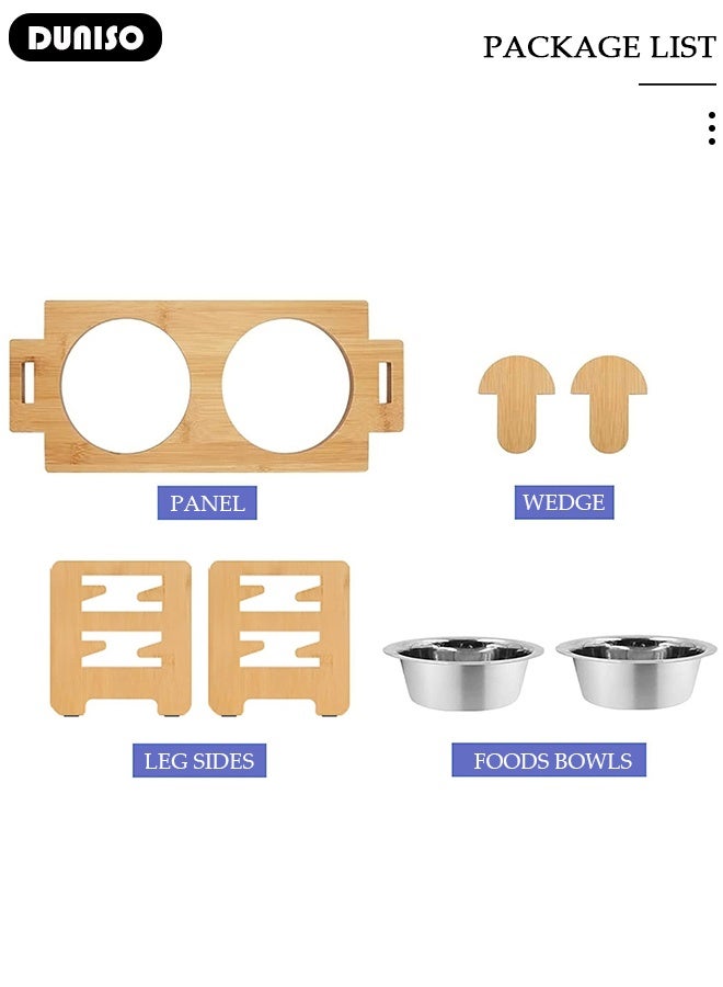 DUNISO أوعية طعام مرتفعة للكلاب، حامل أوعية طعام مرتفع قابل للتعديل للجرو الصغير والقطط، مغذي طعام متين من الخيزران مع 2 طبق من الفولاذ المقاوم للصدأ، طبيعي - Image 3