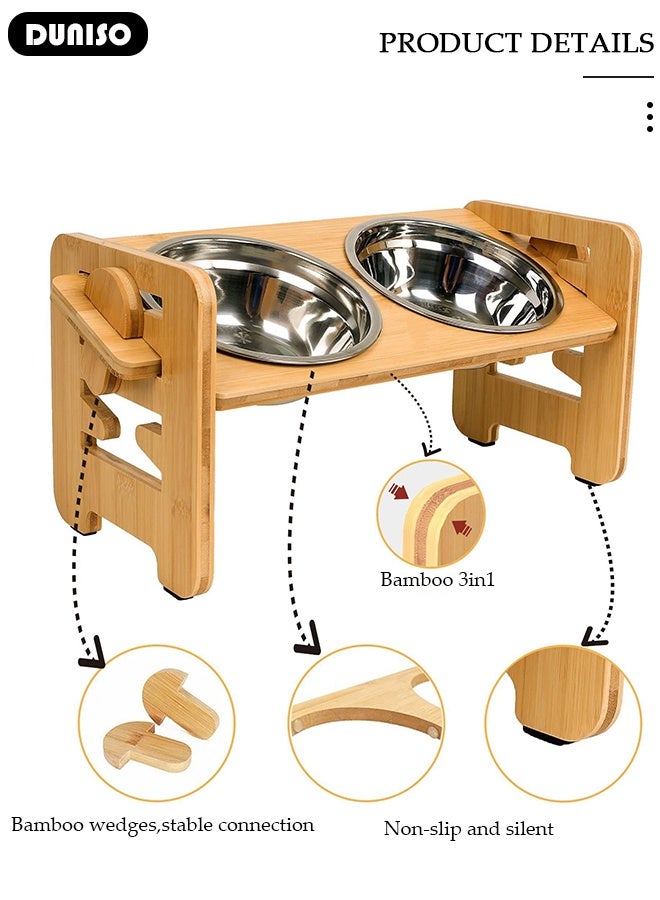 DUNISO أوعية طعام مرتفعة للكلاب، حامل أوعية طعام مرتفع قابل للتعديل للجرو الصغير والقطط، مغذي طعام متين من الخيزران مع 2 طبق من الفولاذ المقاوم للصدأ، طبيعي - Image 2