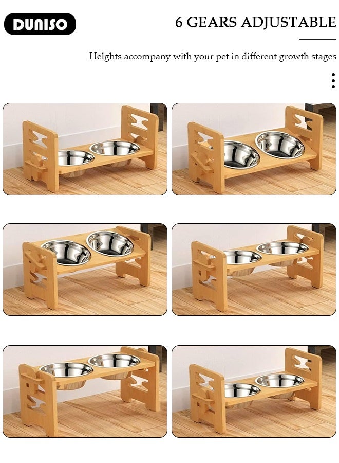 DUNISO أوعية طعام مرتفعة للكلاب، حامل أوعية طعام مرتفع قابل للتعديل للجرو الصغير والقطط، مغذي طعام متين من الخيزران مع 2 طبق من الفولاذ المقاوم للصدأ، طبيعي - Image 4