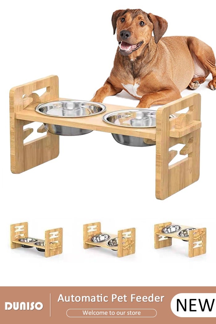 DUNISO أوعية طعام مرتفعة للكلاب، حامل أوعية طعام مرتفع قابل للتعديل للجرو الصغير والقطط، مغذي طعام متين من الخيزران مع 2 طبق من الفولاذ المقاوم للصدأ، طبيعي - Image 1