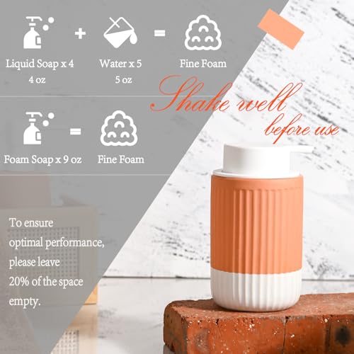 ABBI NIMO Hand Dipped Terracotta Ceramic Foam Soap Dispenser, 12 oz Rippled Bubble-Up Bottle with White Silicone Pump, Refillable Orange Hand Soap Dispenser for Bathroom - Image 3