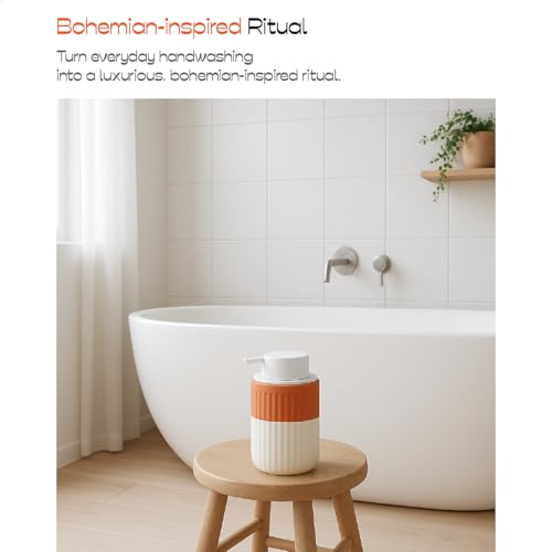 ABBI NIMO Hand Dipped Terracotta Ceramic Foam Soap Dispenser, 12 oz Rippled Bubble-Up Bottle with White Silicone Pump, Refillable Orange Hand Soap Dispenser for Bathroom - Image 4
