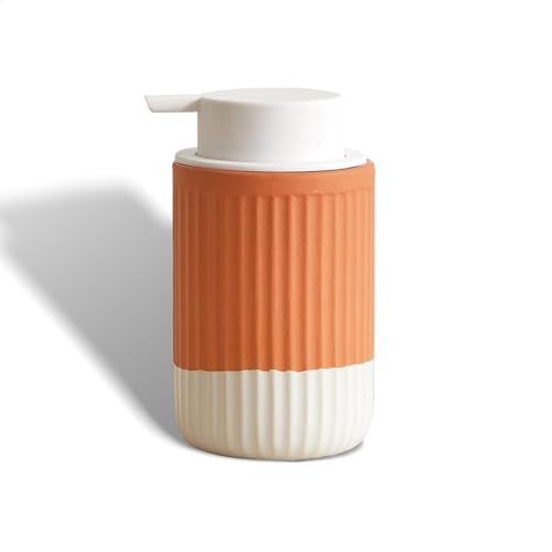 ABBI NIMO Hand Dipped Terracotta Ceramic Foam Soap Dispenser, 12 oz Rippled Bubble-Up Bottle with White Silicone Pump, Refillable Orange Hand Soap Dispenser for Bathroom - Image 1