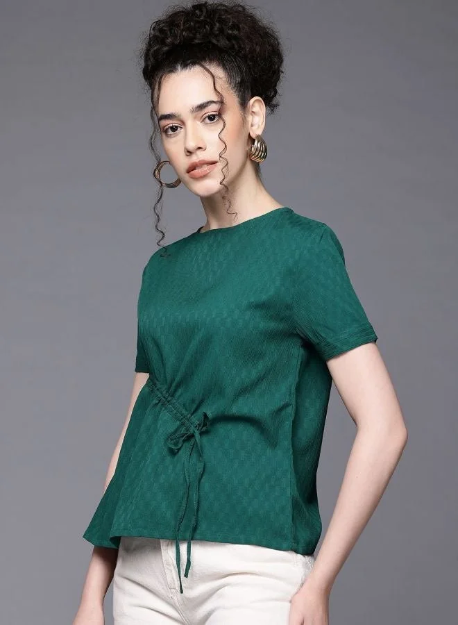 Women Relaxed Fit Textured Round Neck Sleeveless Ruched Top