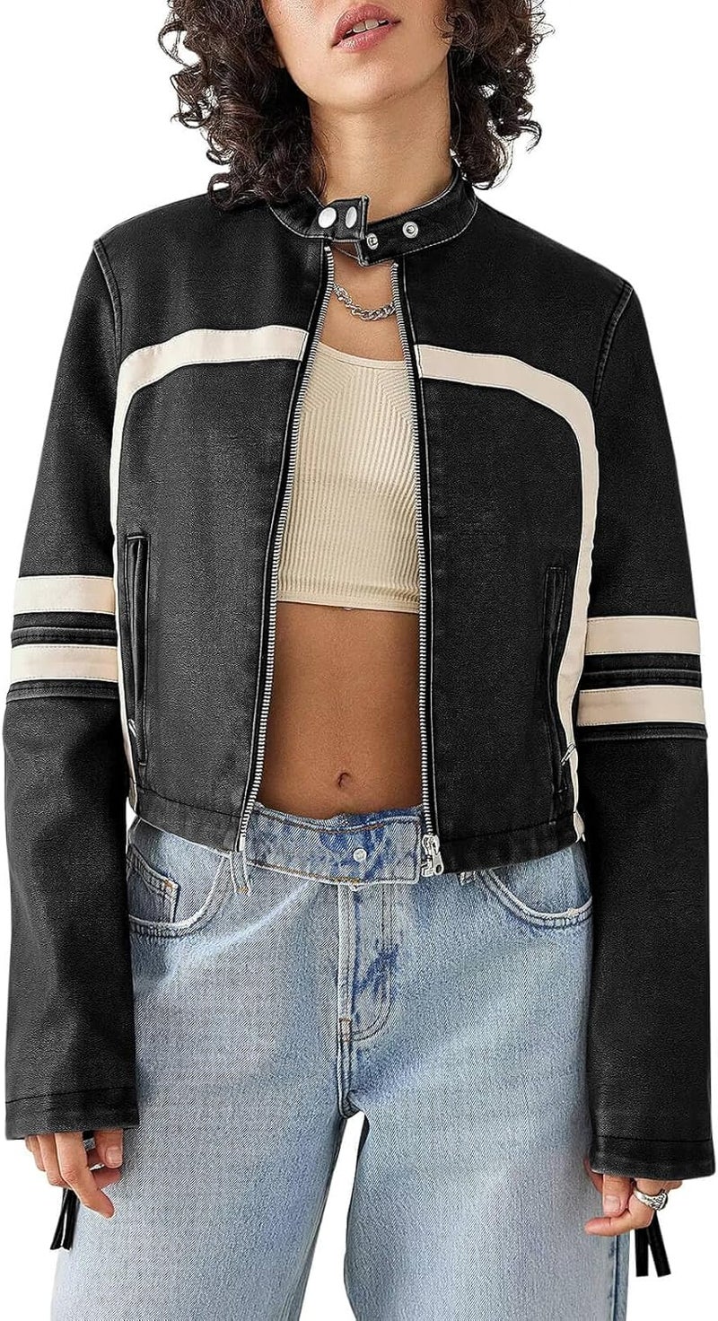 Saodimallsu Women’s Faux Leather Cropped Moto Jacket with Stand Collar - Image 1