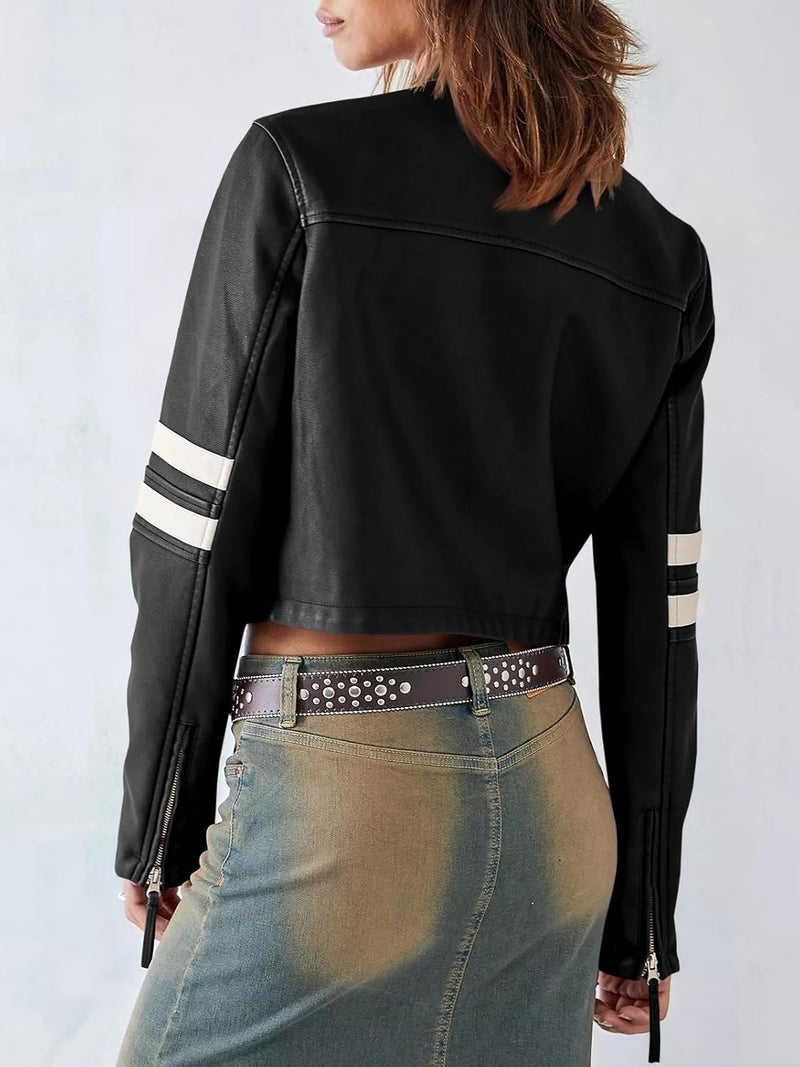 Saodimallsu Women’s Faux Leather Cropped Moto Jacket with Stand Collar - Image 4