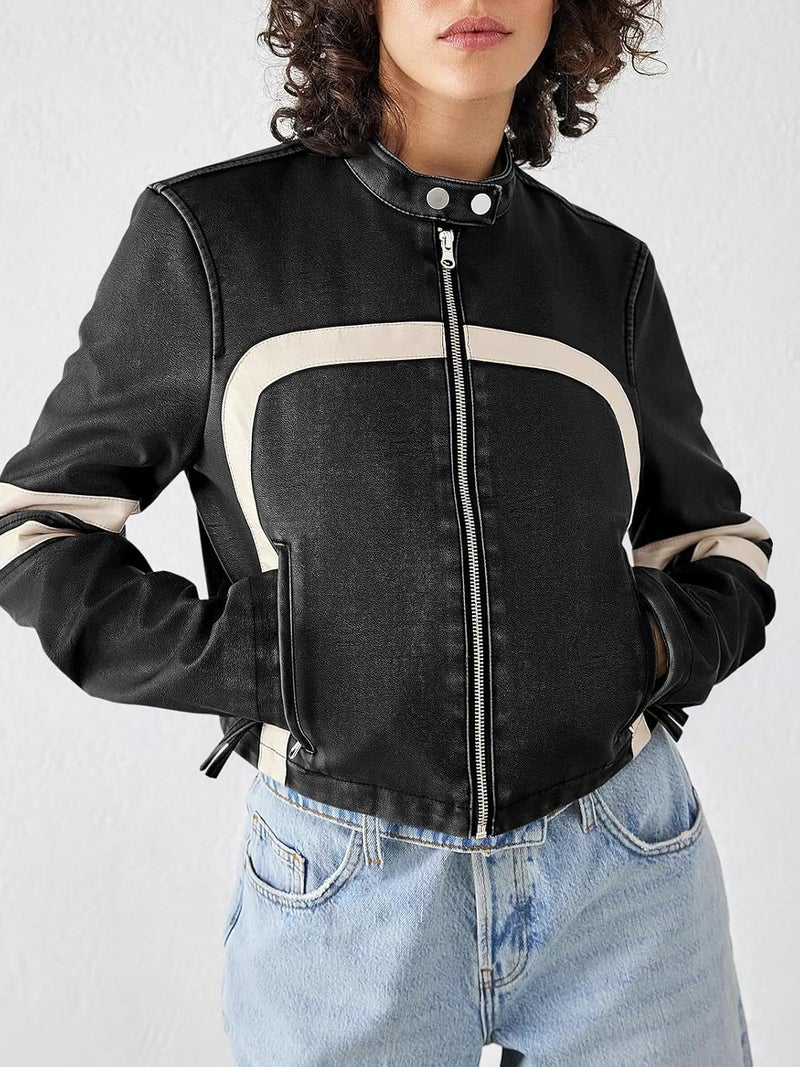 Saodimallsu Women’s Faux Leather Cropped Moto Jacket with Stand Collar - Image 3