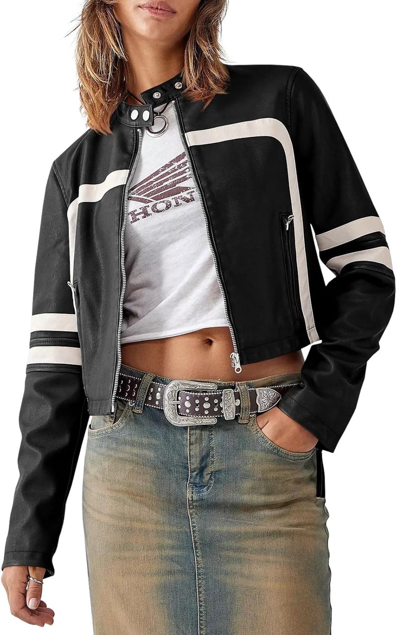 Saodimallsu Women’s Faux Leather Cropped Moto Jacket with Stand Collar - Image 2