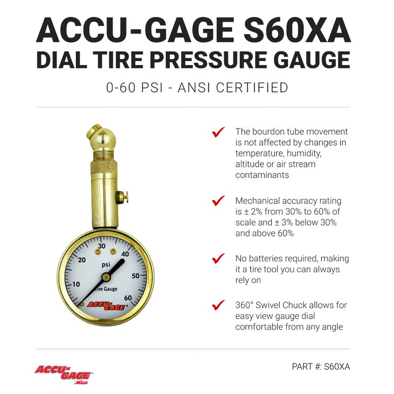 Accu-Gage by Milton Dial Tire Pressure Gauge with Swivel Angle Air Chuck - ANSI Certified for Motorcycle/Car/Truck Tires (0-60 PSI) - Image 5