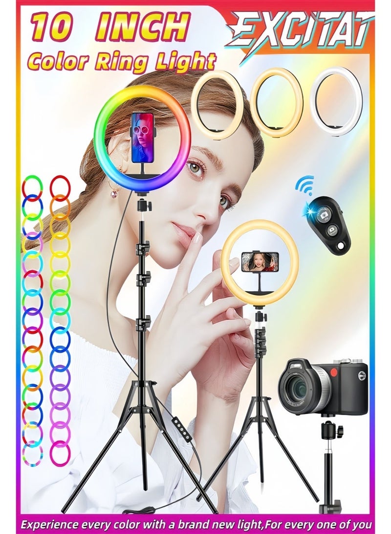 إثارة حلقة إضاءة سيلفي RGB مقاس 10 بوصات مع حامل ثلاثي القوائم قابل للتعديل وجهاز تحكم عن بعد يعمل بالبلوتوث - 37 وضع إضاءة ديناميكي، 3 درجات حرارة لونية (3000 كلفن - 6500 كلفن)، إضاءة سيلفي LED تعمل بمنفذ USB للهاتف، والمكياج، وتسجيل الفيديو، واجتماعات زووم، ويوتيوب، والبث المباشر على تيك توك، الارتفاع 55-210 سم - Image 1