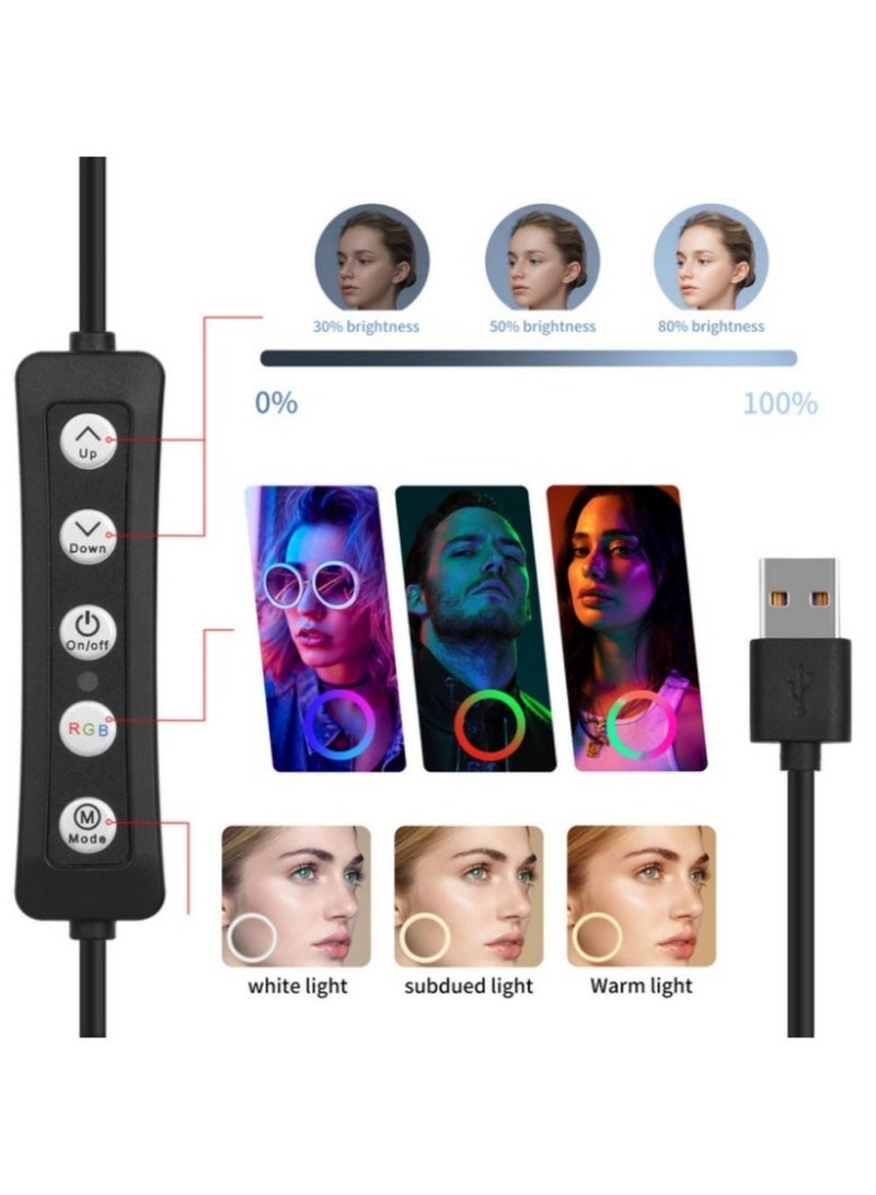 إثارة حلقة إضاءة سيلفي RGB مقاس 10 بوصات مع حامل ثلاثي القوائم قابل للتعديل وجهاز تحكم عن بعد يعمل بالبلوتوث - 37 وضع إضاءة ديناميكي، 3 درجات حرارة لونية (3000 كلفن - 6500 كلفن)، إضاءة سيلفي LED تعمل بمنفذ USB للهاتف، والمكياج، وتسجيل الفيديو، واجتماعات زووم، ويوتيوب، والبث المباشر على تيك توك، الارتفاع 55-210 سم - Image 4