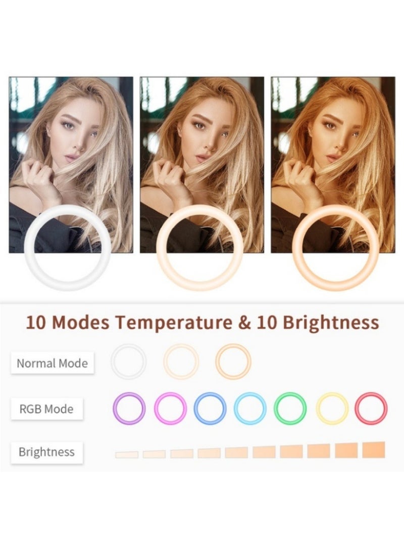 إثارة حلقة إضاءة سيلفي RGB مقاس 10 بوصات مع حامل ثلاثي القوائم قابل للتعديل وجهاز تحكم عن بعد يعمل بالبلوتوث - 37 وضع إضاءة ديناميكي، 3 درجات حرارة لونية (3000 كلفن - 6500 كلفن)، إضاءة سيلفي LED تعمل بمنفذ USB للهاتف، والمكياج، وتسجيل الفيديو، واجتماعات زووم، ويوتيوب، والبث المباشر على تيك توك، الارتفاع 55-210 سم - Image 2