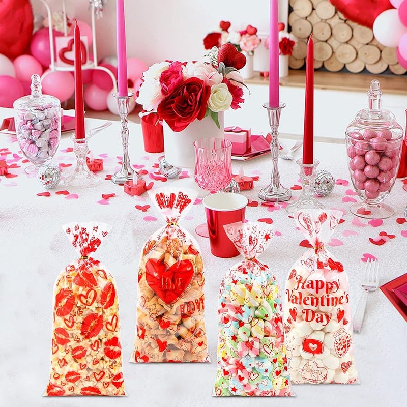 ZYLOP Valentines Cellophane Treat Bags - 50 PCS Plastic Valentines Candy Bags with Twist Ties for Cookie Goodie Valentine Gift Bag for Valentine Day Wedding Party Favor Supplies, 10.6x 5.2 Inch, 4 Style - Image 4