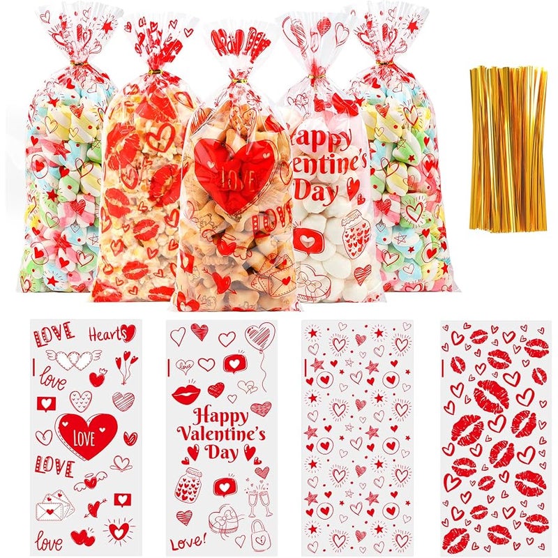 ZYLOP Valentines Cellophane Treat Bags - 50 PCS Plastic Valentines Candy Bags with Twist Ties for Cookie Goodie Valentine Gift Bag for Valentine Day Wedding Party Favor Supplies, 10.6x 5.2 Inch, 4 Style - Image 1
