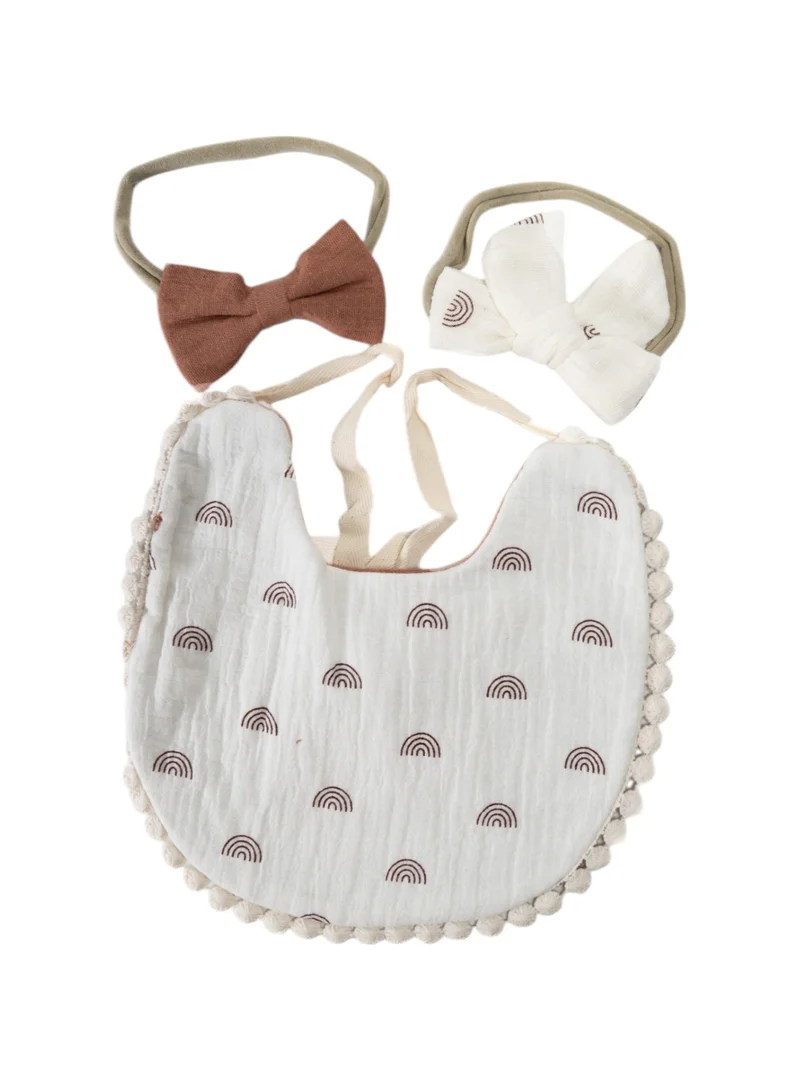 Bambimici Bambimici -Ava Baby Bib and Ribbon Bow Set - Rainbow Print Beige