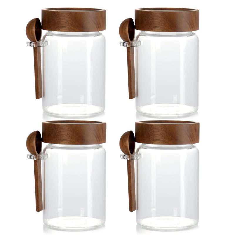 MOLADRI 15 oz/450 ml Glass Storage Canister with Airtight Wooden Lid, Clear Small Decorative Container Jar with Spoon for Salad Overnight Oats Snacks Yogurt Cereal Fruit Spice Sugar Coffee - 4 Pack - Image 1