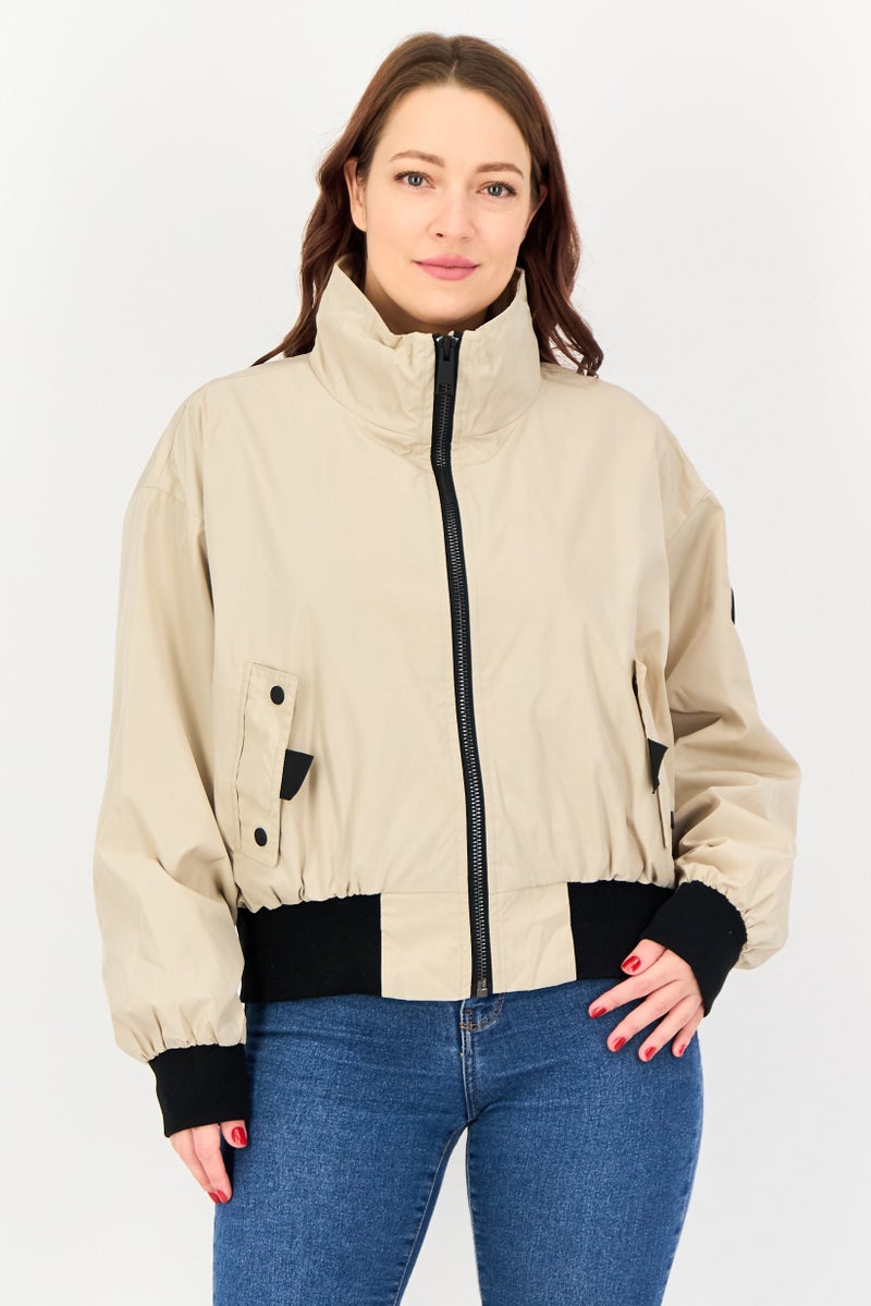 Andrew Marc Women Plain Bomber Jacket, Beige - Image 1
