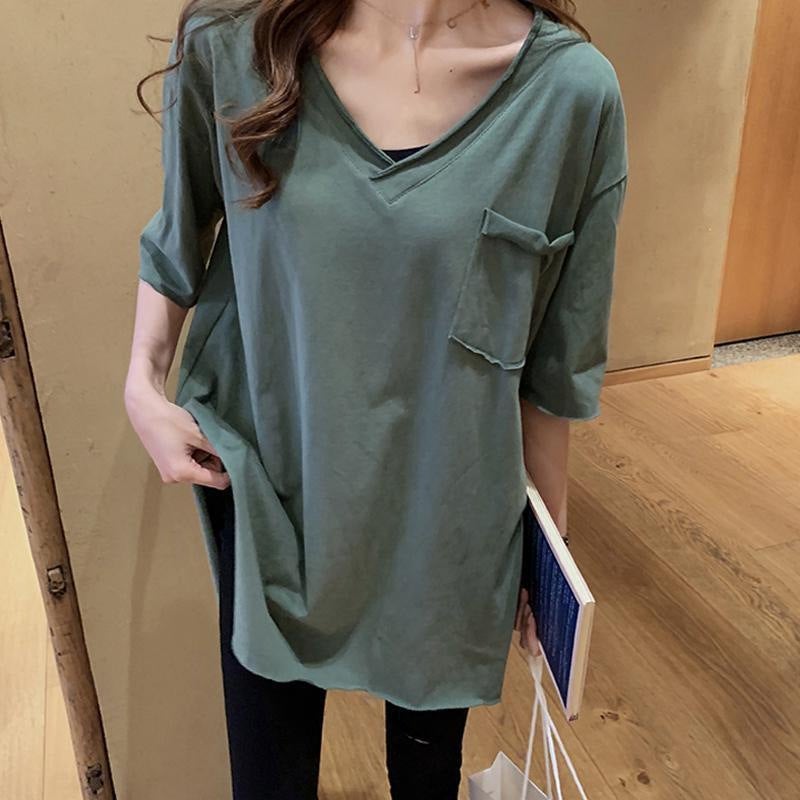 Cotton Split Hem Tee V-Neck Korean Style Brown - Image 3