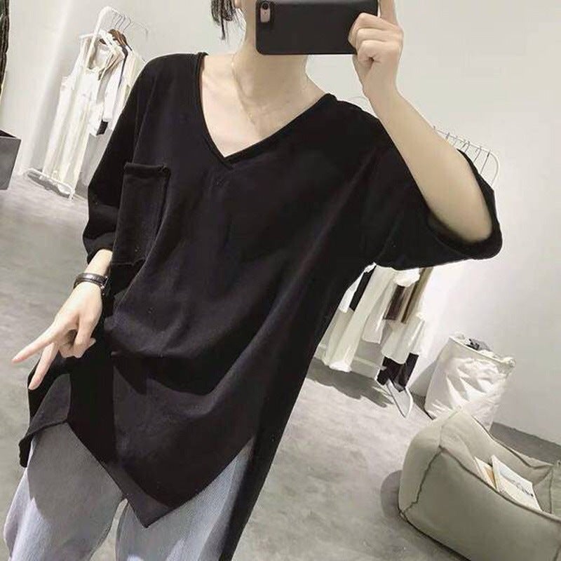 Cotton Split Hem Tee V-Neck Korean Style Brown - Image 4