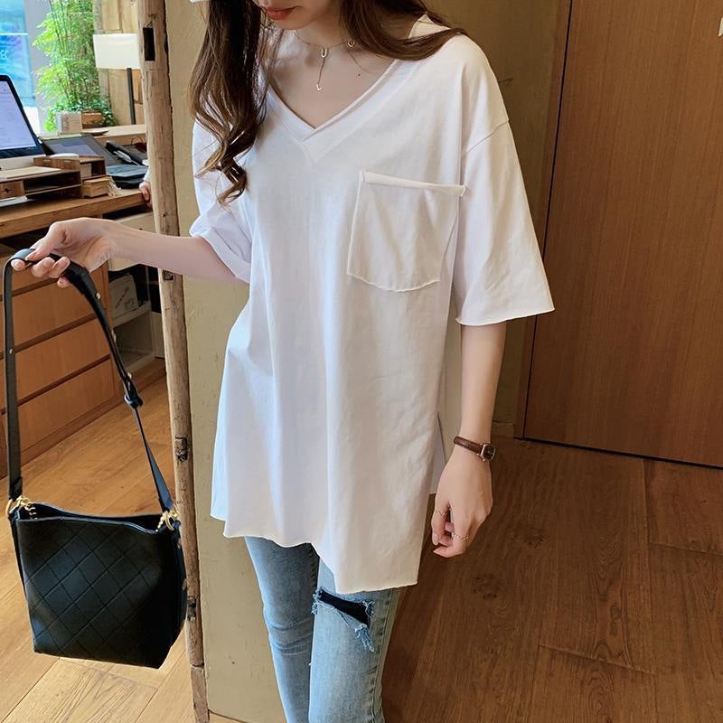 Cotton Split Hem Tee V-Neck Korean Style Brown - Image 2