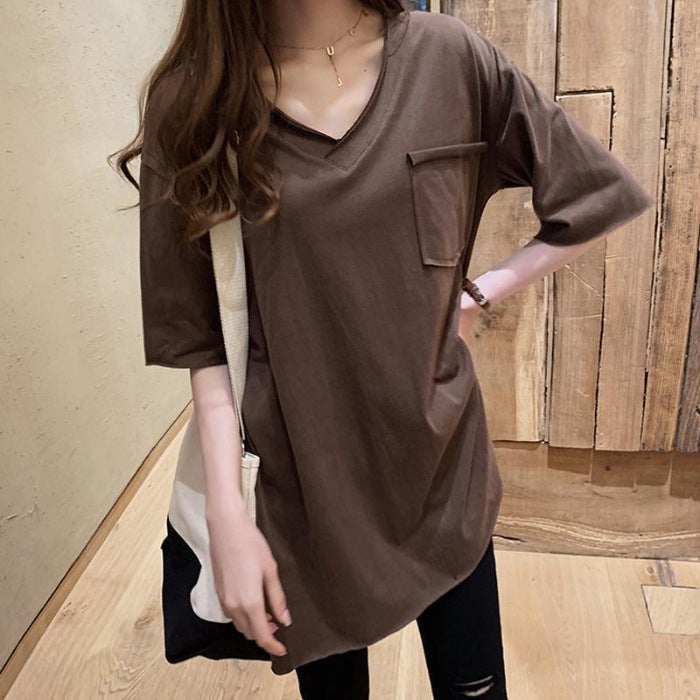 Cotton Split Hem Tee V-Neck Korean Style Brown - Image 1