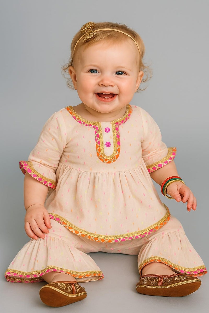 A.T.U.N. (ALL THINGS UBER NICE) Baby Girls Neon Swiss dot Kurti in Gota Lacework with Sharara Set | Comfortable Cotton Ethnic Clothing Set - Image 2