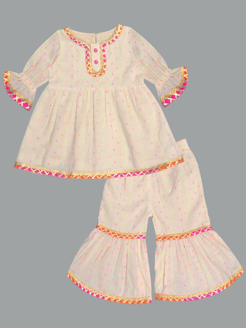 A.T.U.N. (ALL THINGS UBER NICE) Baby Girls Neon Swiss dot Kurti in Gota Lacework with Sharara Set | Comfortable Cotton Ethnic Clothing Set - Image 3