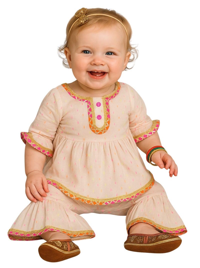 A.T.U.N. (ALL THINGS UBER NICE) Baby Girls Neon Swiss dot Kurti in Gota Lacework with Sharara Set | Comfortable Cotton Ethnic Clothing Set - Image 1