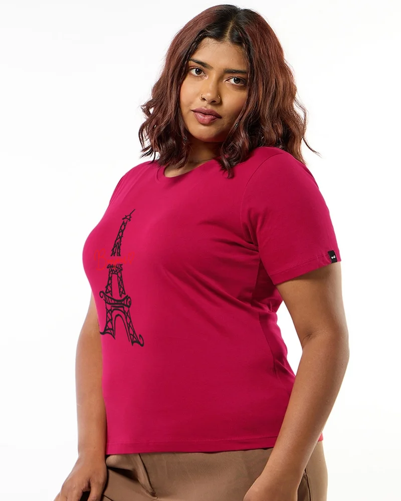 bewakoof Women's Bold Red Bonjour Paris Graphic Printed Plus Size T-shirt